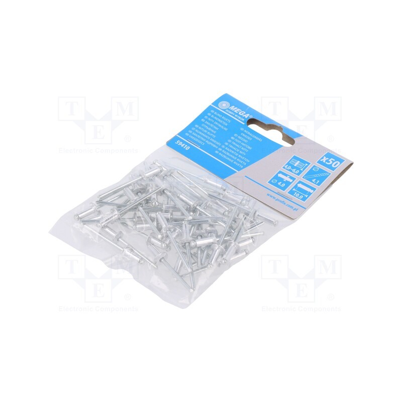 20 pcg : 59410 - Rivet, aluminium, Rivet diam: 4mm, L.rivet: 10mm, 50pcs.