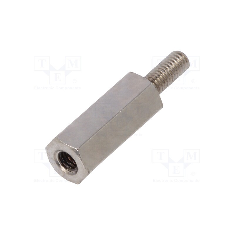 50 pcs : 215X15 - Screwed spacer sleeve, 15mm, Int.thread: M3, Ext.thread: M3, brass