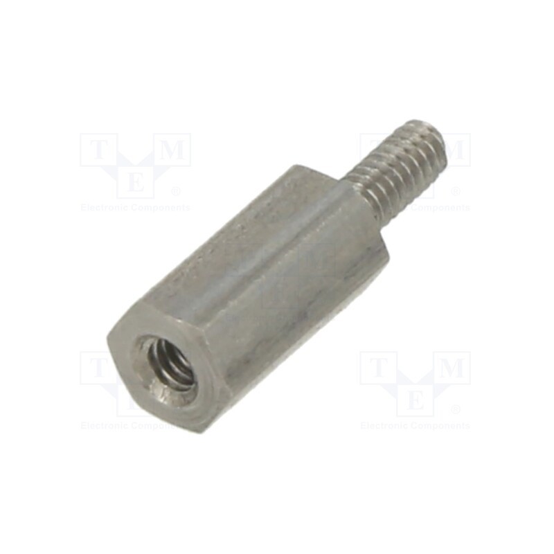 50 pcs : 241X08 - Screwed spacer sleeve, 8mm, Int.thread: M2, Ext.thread: M2