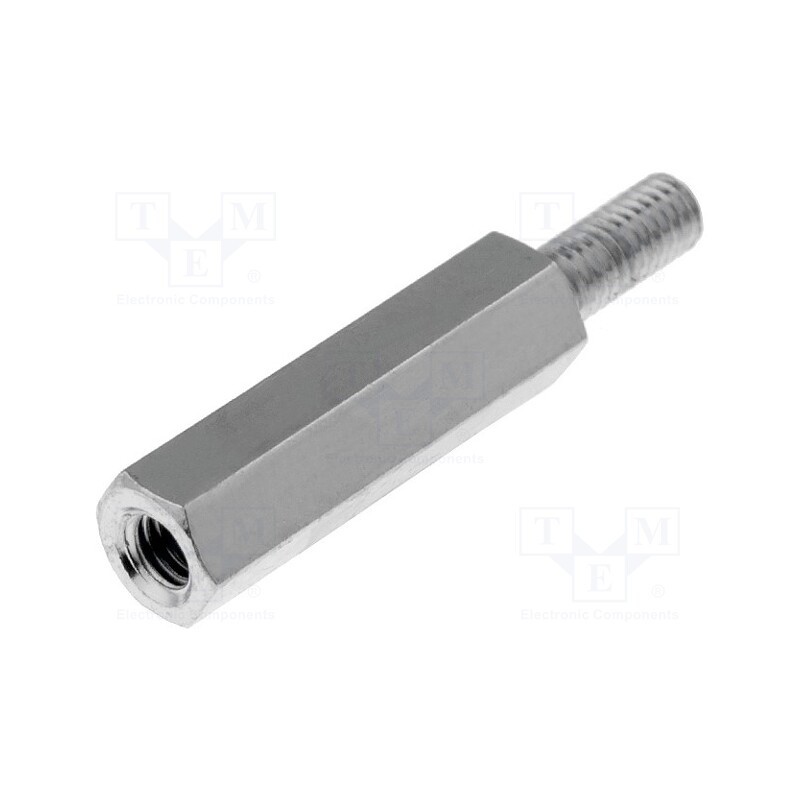 50 pcs : 213X18 - Screwed spacer sleeve, 18mm, Int.thread: M3, Ext.thread: M3, brass