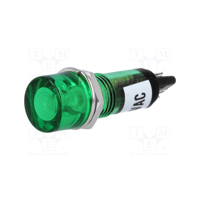 20 pcs : - Indicator: with FLUO neon lamp, flat, green, 230VAC, Cutout: Ø10mm