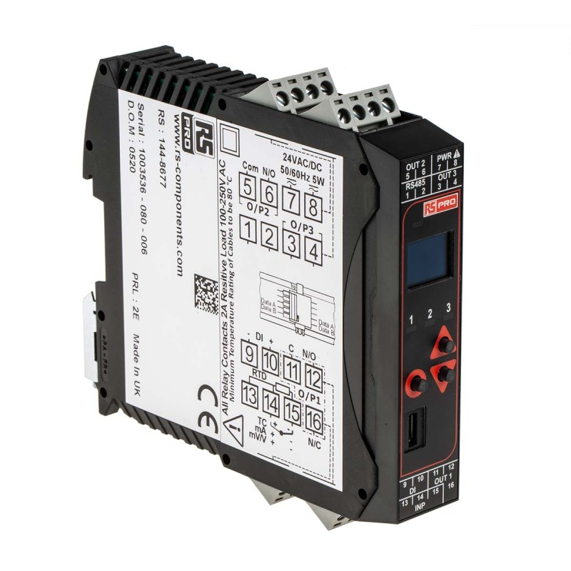 1 pcs - RS PRO DIN Rail PID Temperature Controller, 22.5 x 110mm 1 Input, 2 Output Relay, Relay-CO, 24 V ac/dc Supply Voltage