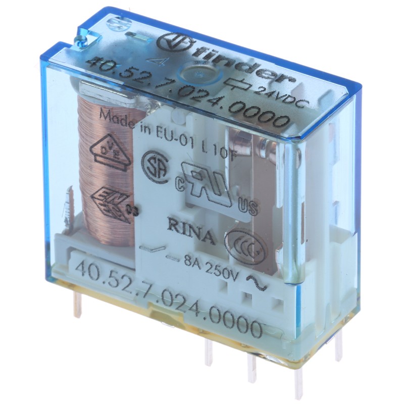1 pcs - Finder PCB Mount Power Relay, 24V dc Coil, 8A Switching Current, DPDT