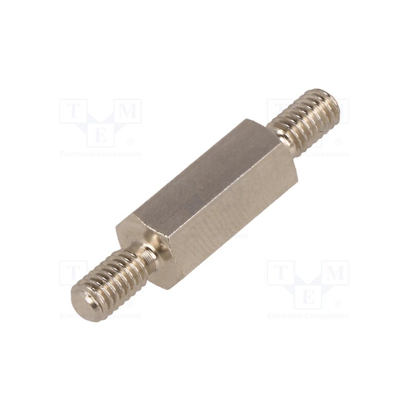 50 pcs : 416X15 - Screwed spacer sleeve, 15mm, Ext.thread: M4, hexagonal, brass