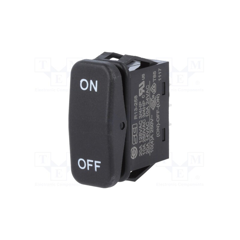 10 pcs : R13-258I-01-BB-9 - ROCKER, SP3T, Pos: 3, (ON)-OFF-(ON), 10A/250VAC, black, none, 50mΩ