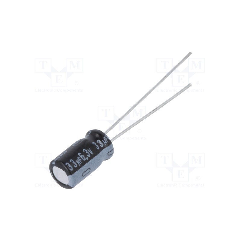 50 pcs : URS0J330MDD - Capacitor: electrolytic, THT, 33uF, 6.3VDC, Ø5x9mm, Pitch: 2mm, ±20%