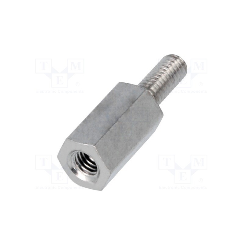 50 pcs : 214X10 - Screwed spacer sleeve, 10mm, Int.thread: M3, Ext.thread: M3, brass