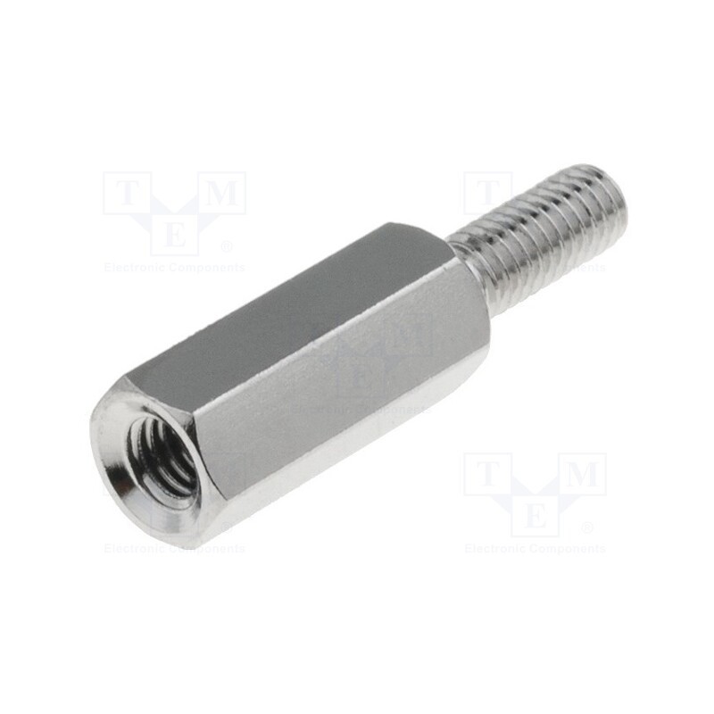 50 pcs : 214X15 - Screwed spacer sleeve, 15mm, Int.thread: M3, Ext.thread: M3, brass