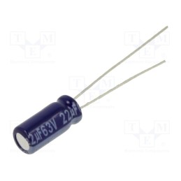 50 pcs : ECA1JM220 - Capacitor: electrolytic, THT, 22uF, 63VDC, Ø5x11mm, Pitch: 2mm, ±20%
