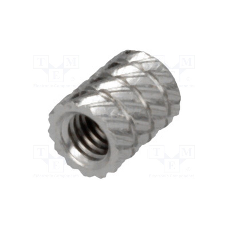 50 pcs : 11M3NI - Threaded insert, brass, nickel, M3, L: 5.9mm, Features: for plastic