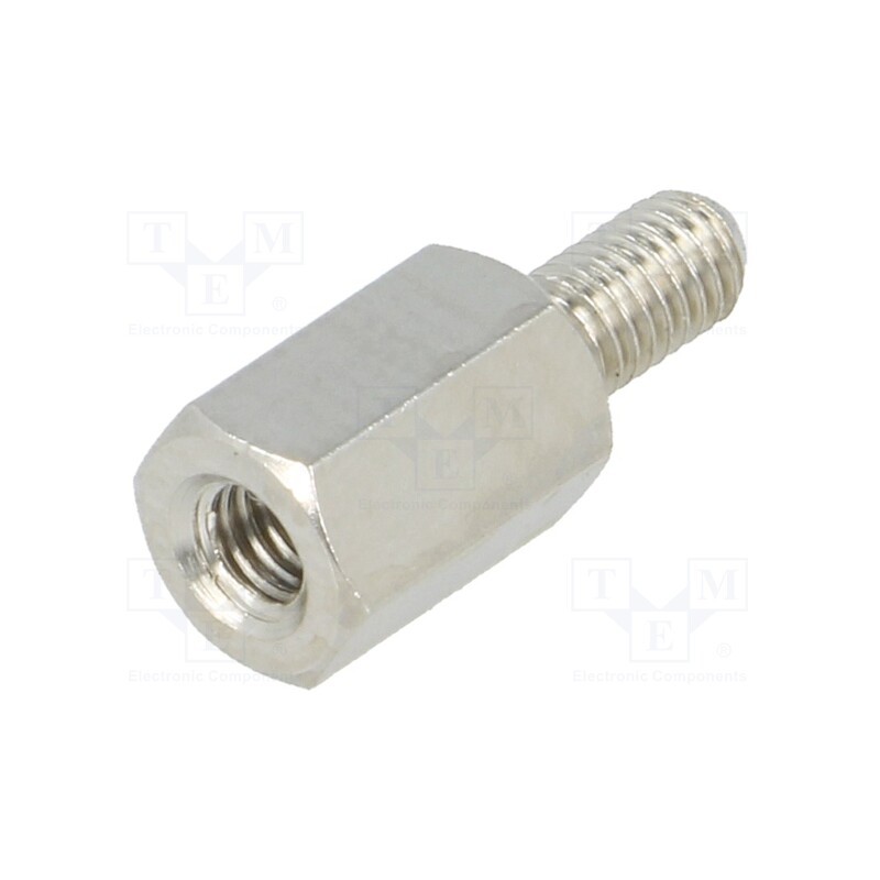 50 pcs : 214X08K - Screwed spacer sleeve, 8mm, Int.thread: M3, Ext.thread: M3, brass