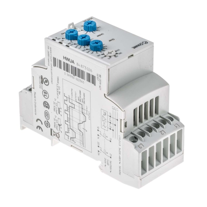 1 pcs - Crouzet Phase, Voltage Monitoring Relay, 3 Phase, DPDT, 194 - 528 V, DIN Rail