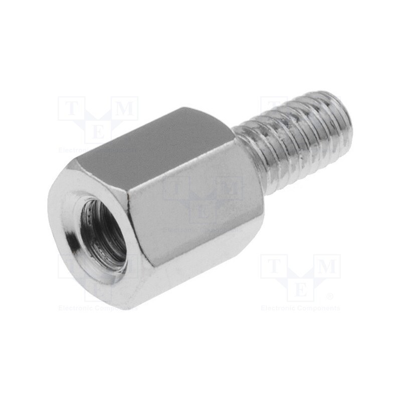 50 pcs : 216X8 - Screwed spacer sleeve, 8mm, Int.thread: M4, Ext.thread: M4, brass