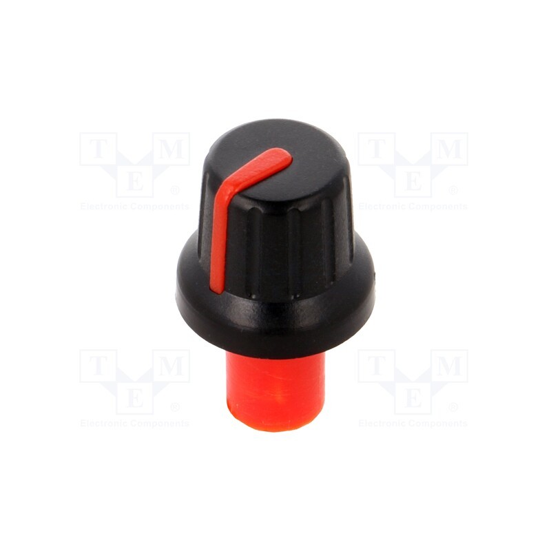 10 pcs : - Knob, with pointer, ABS, Øshaft: 6mm, Ø16x14.4mm, black, push-in