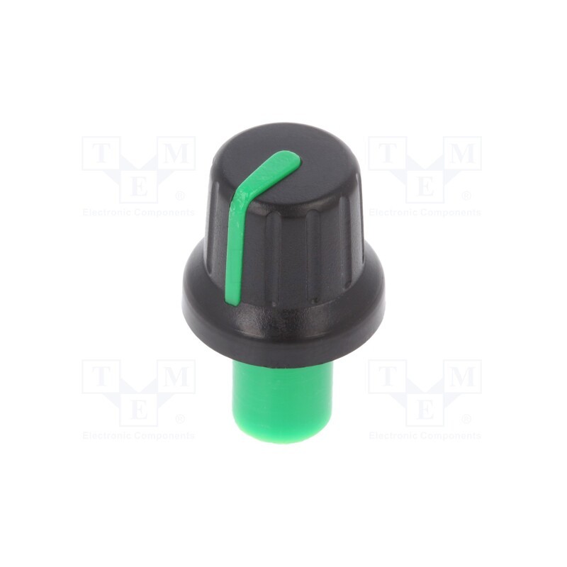 10 pcs : - Knob, with pointer, ABS, Øshaft: 6mm, Ø16x14.4mm, black, push-in