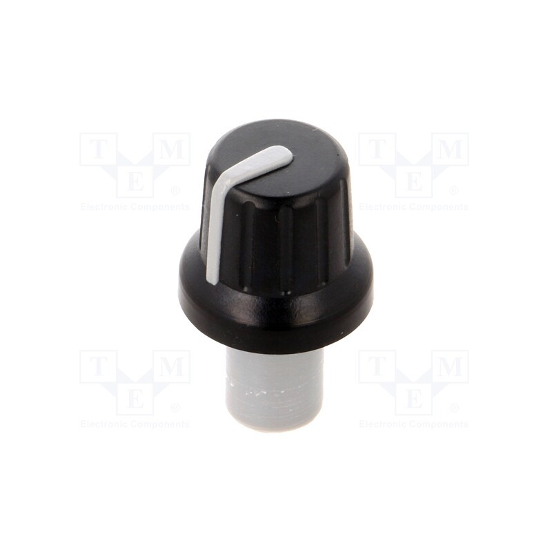 10 pcs : - Knob, with pointer, ABS, Øshaft: 6mm, Ø16x14.4mm, black, push-in