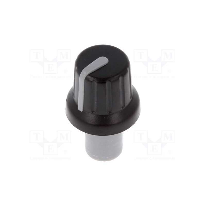 10 pcs : - Knob, with pointer, ABS, Øshaft: 6mm, Ø16x14.4mm, black, push-in