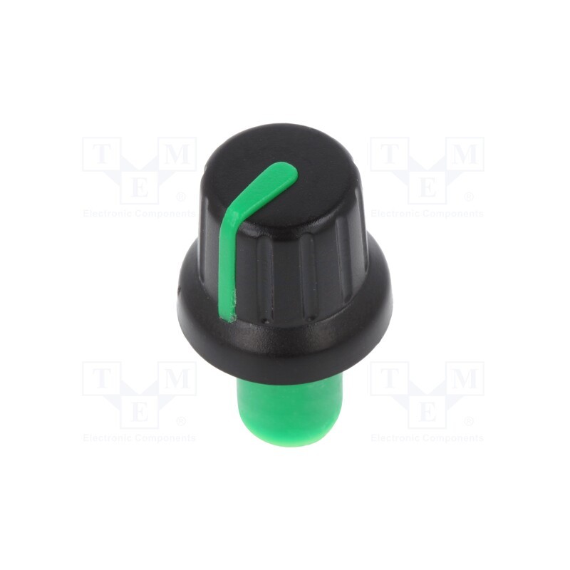 10 pcs : - Knob, with pointer, ABS, Øshaft: 6mm, Ø16x14.4mm, black, push-in