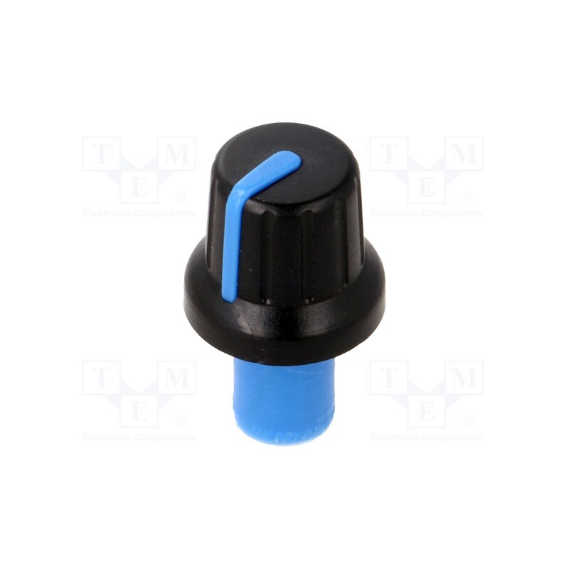 10 pcs : - Knob, with pointer, ABS, Øshaft: 6mm, Ø16x14.4mm, black, push-in