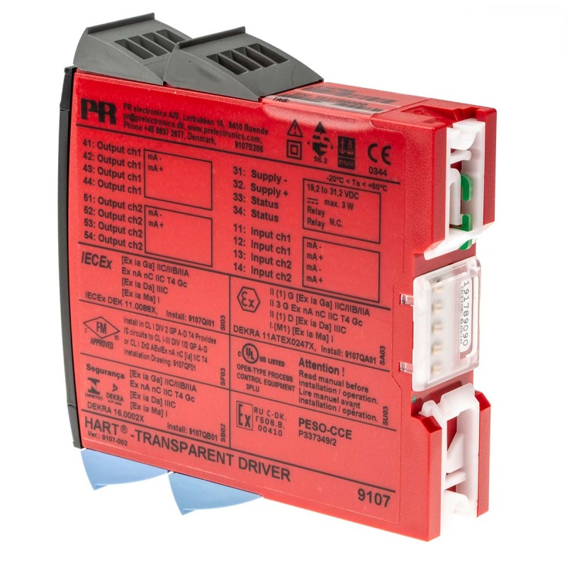 1 pcs - PR Electronics 9100 Series HART Transparent Driver, Current Input, Current, Relay Output, 19.2 - 31.2V dc Supply
