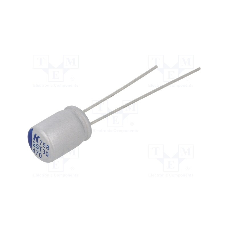 50 pcs : A758EK477M0EAAE018 - Capacitor: polymer, low ESR, 470uF, 2.5VDC, ESR: 18mΩ, A758, THT
