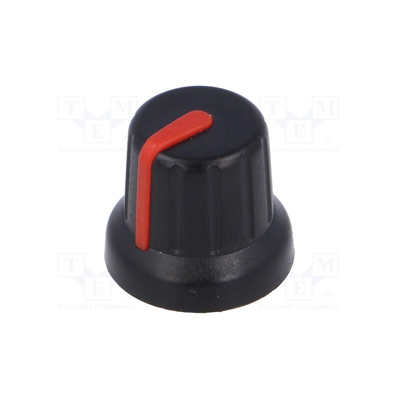 10 pcs : - Knob, miniature,with pointer, Øshaft: 6.35mm, black, Pointer: red