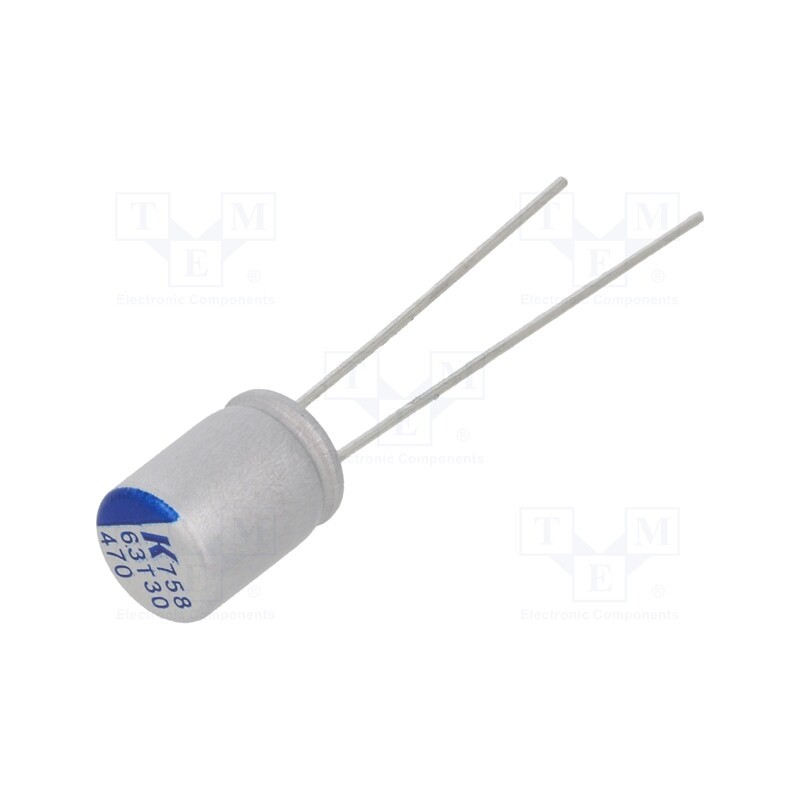 50 pcs : A758EK477M0JAAE015 - Capacitor: polymer, low ESR, 470uF, 6.3VDC, ESR: 15mΩ, A758, THT