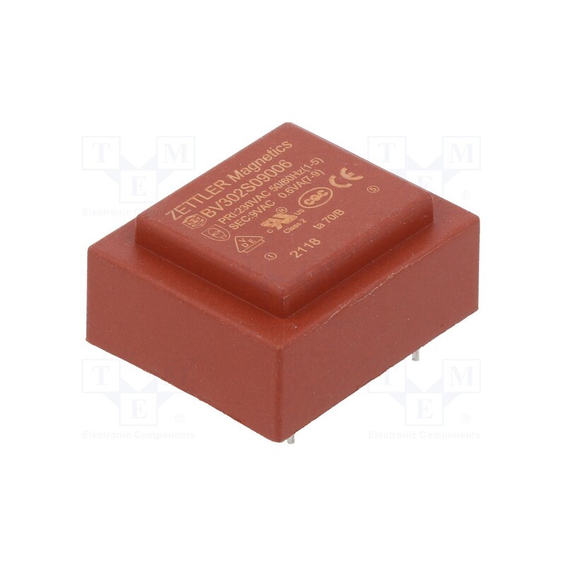 10 pcs : BV302S09006 - Transformer: encapsulated, 0.6VA, 230VAC, 9V, 66mA, PCB