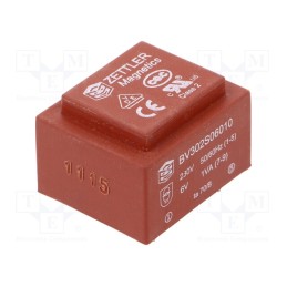 10 pcs : BV302S06010ZU - Transformer: encapsulated, 1VA, 230VAC, 6V, 166mA, PCB
