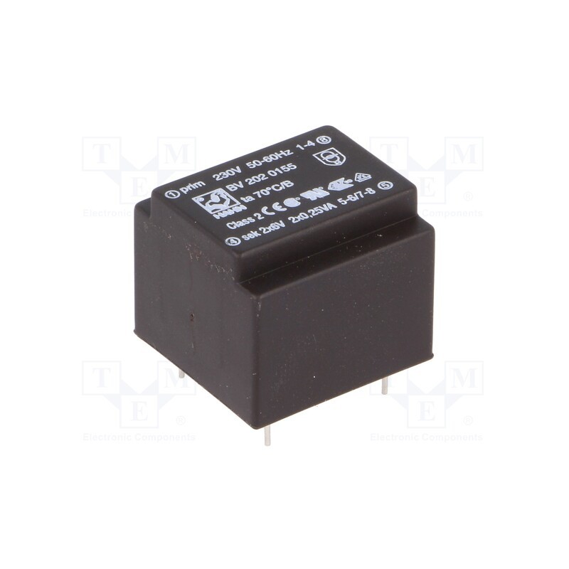 10 pcs : BV 202 0155 - Transformer: encapsulated, 0.5VA, 230VAC, 6V, 6V, 42mA, 42mA, PCB