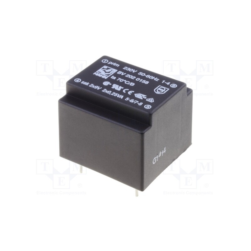 10 pcs : BV 202 0158 - Transformer: encapsulated, 0.5VA, 230VAC, 9V, 9V, 28mA, 28mA, PCB