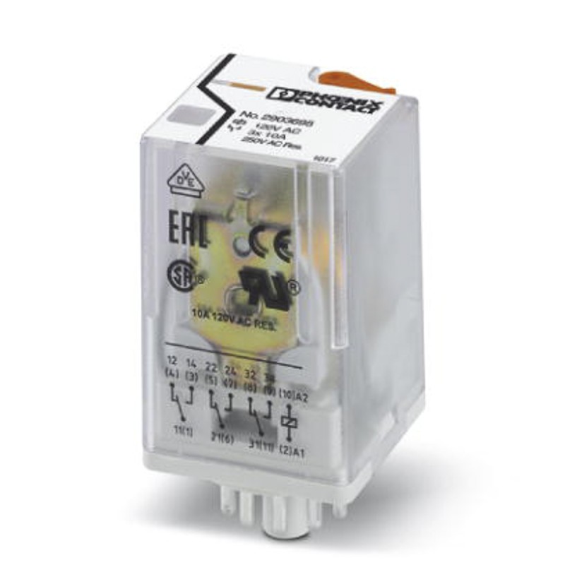 1 pcs - Phoenix Contact Plug In Power Relay, 120V ac Coil, 10A Switching Current, 3PDT