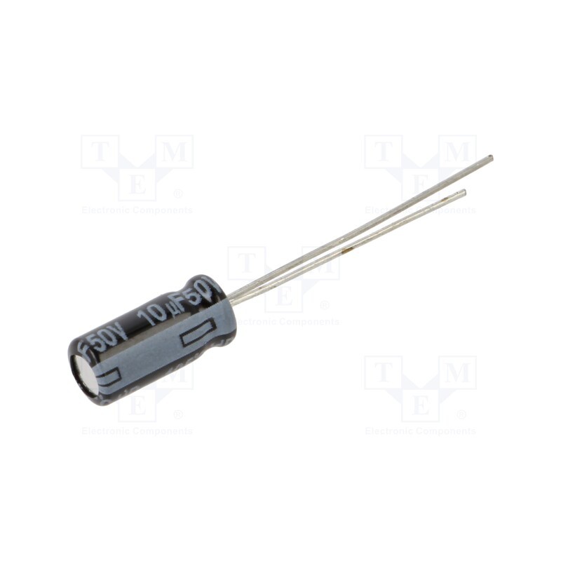 50 pcs : EEUHD1H100 - Capacitor: electrolytic, THT, 10uF, 50VDC, Ø5x11mm, Pitch: 2mm, ±20%