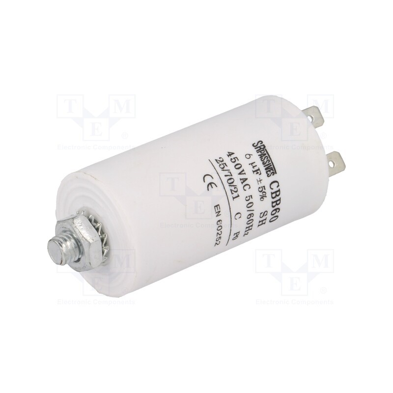 10 pcs : CBB60E-6/450 - Capacitor: motors, run, 6uF, 450V, Ø35x65mm, -25÷70°C, ±5%, 3000h