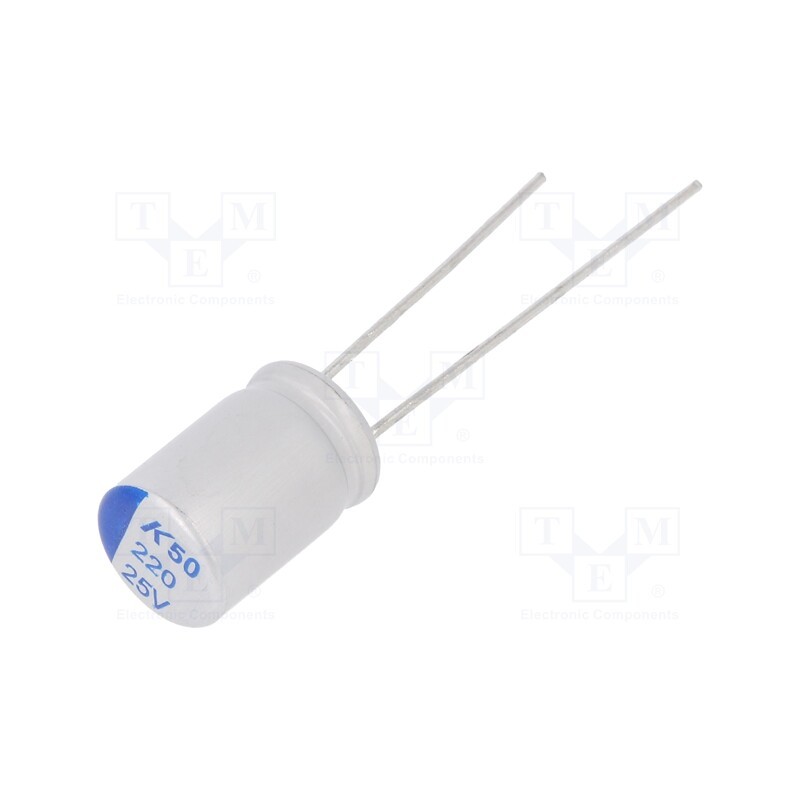 50 pcs : A755KS227M1EAAE025 - Capacitor: polymer, low ESR, 220uF, 25VDC, ESR: 25mΩ, THT, ±20%, A755