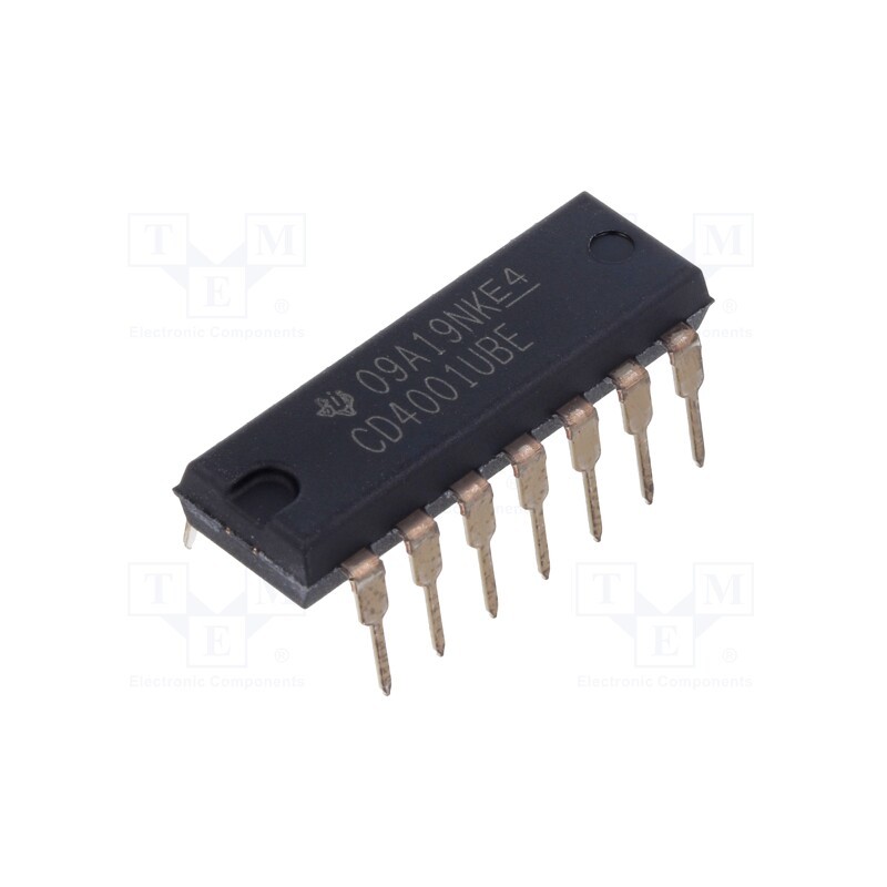 10 pcs : CD4001UBE - IC: digital, NOR, Ch: 4, IN: 2, CMOS, THT, PDIP14, 3÷18VDC, -55÷125°C