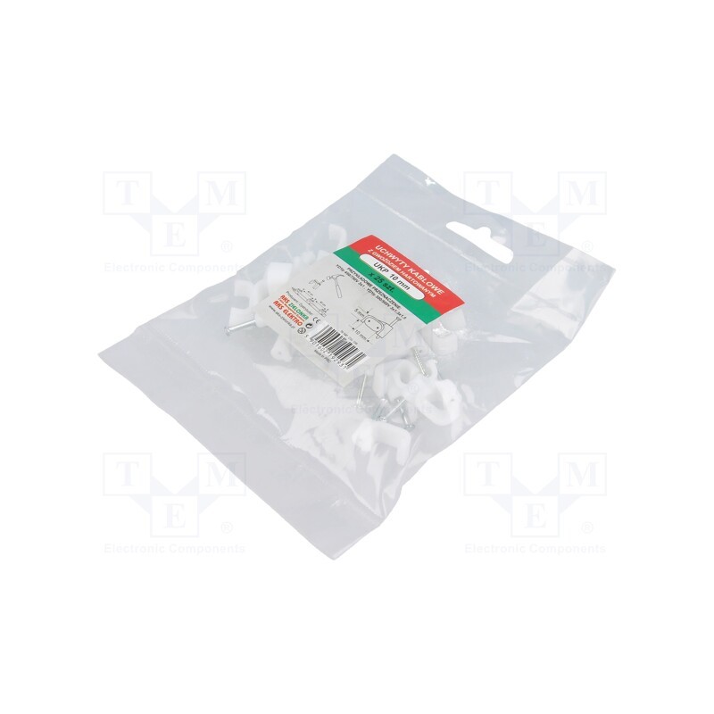 10 pcg : 220108 -AS - Holder, white, for flat cable, 25pcs, with a nail, H: 7.2mm