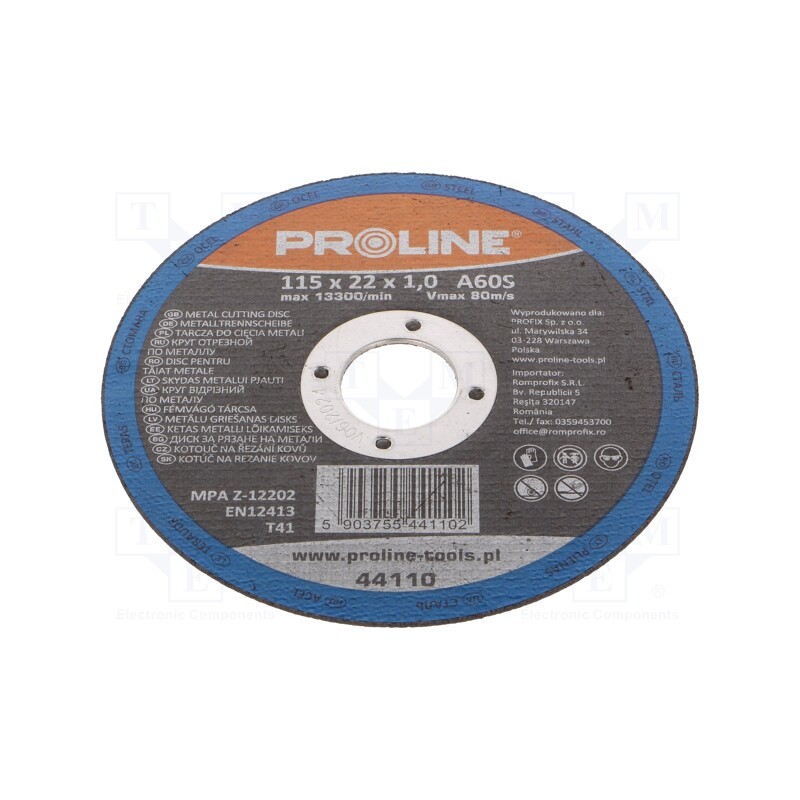 10 pcs : 44110 - Cutting wheel, Ø: 115mm, Øhole: 22mm, Disc thick: 1mm, steel