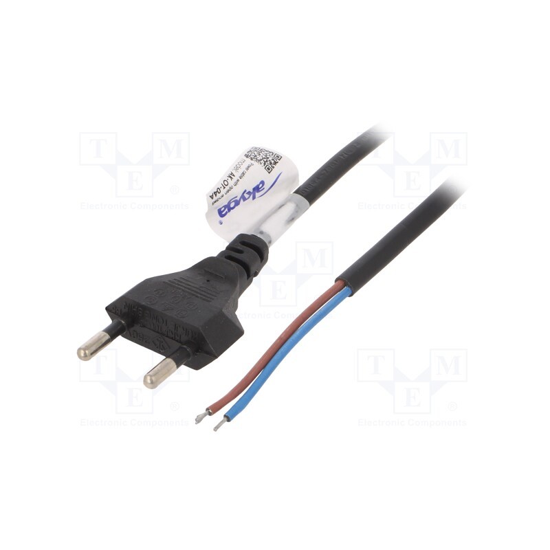 10 pcs : AK-OT-04A - Cable, 2x0.5mm2, CEE 7/16 (C) plug,wires, PVC, 1.5m, flat, black