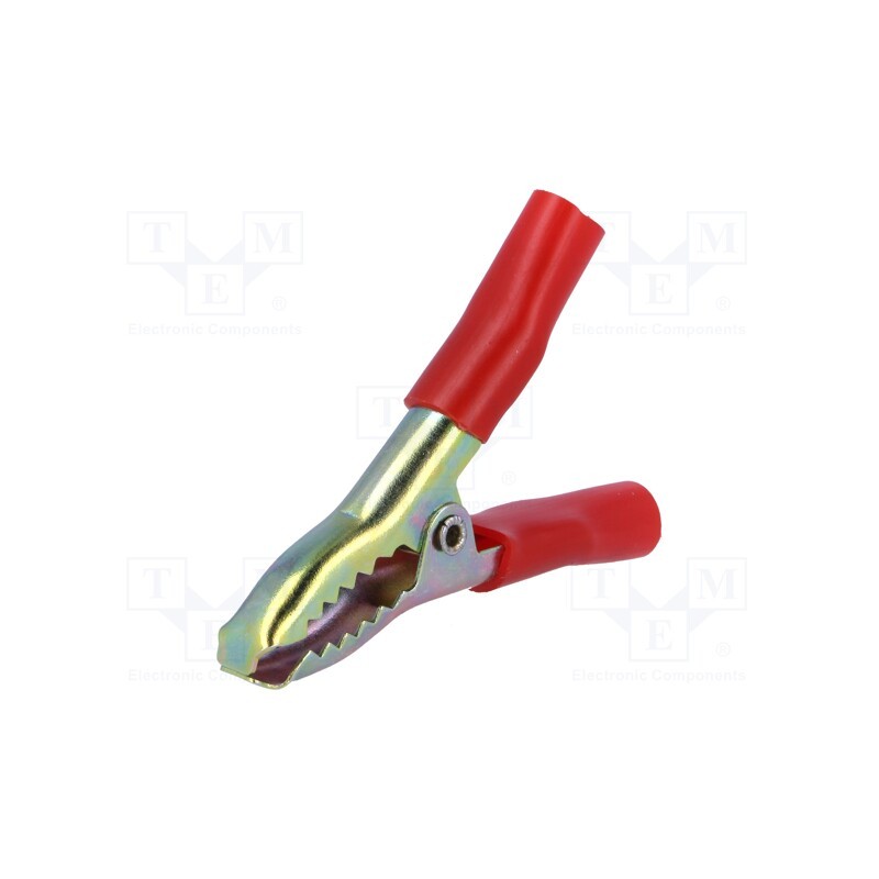 10 pcs : - Crocodile clip, 15A, Grip capac: max.25mm, Overall len: 65mm, red