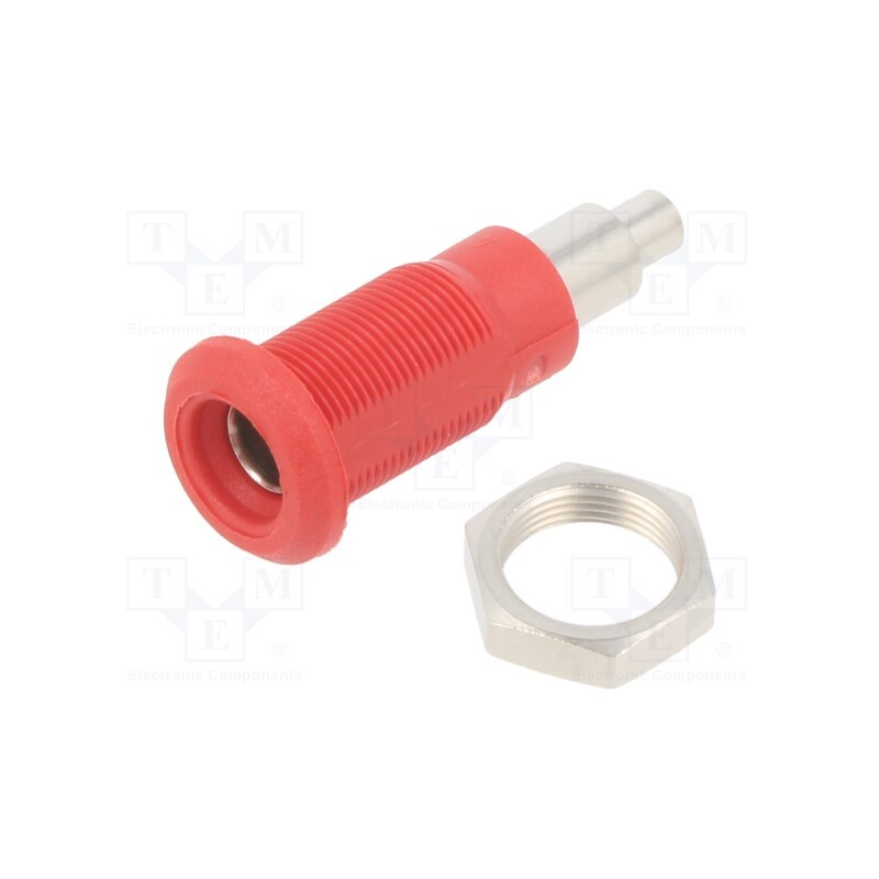 10 pcs : 64.3042-22 - Socket, 4mm banana, 25A, 30VAC, 60VDC, red, nickel plated, on panel