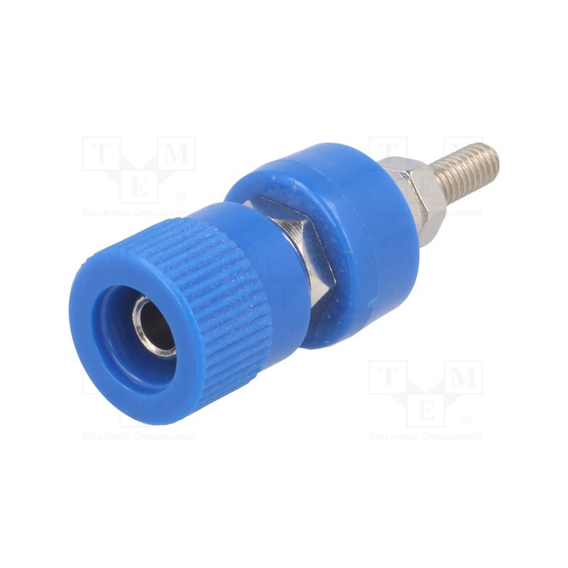 10 pcs : - Socket, 4mm banana, 24A, blue, nickel plated, on panel,screw, 36mm