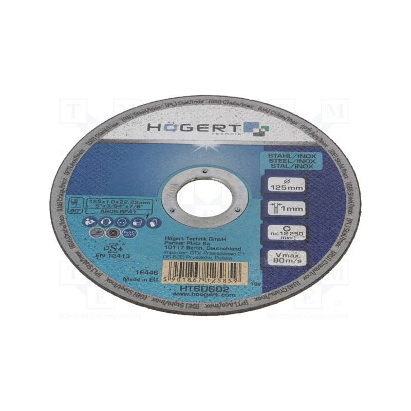 10 pcs : HT6D602 - Cutting wheel, Ø: 125mm, Øhole: 22.23mm, Disc thick: 1mm, corundum