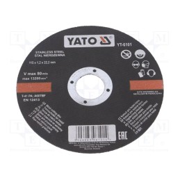20 pcs : YT-6101 - Cutting wheel, Ø: 115mm, Øhole: 22mm, Disc thick: 1.2mm, 13200rpm