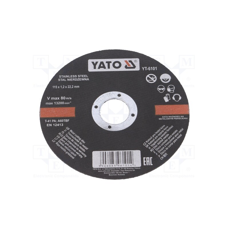 20 pcs : YT-6101 - Cutting wheel, Ø: 115mm, Øhole: 22mm, Disc thick: 1.2mm, 13200rpm