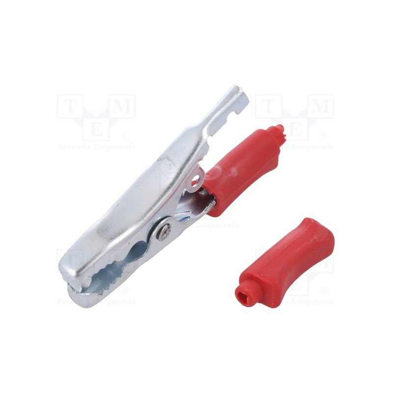 10 pcs : - Crocodile clip, 40A, Grip capac: max.15mm, Overall len: 80mm, red