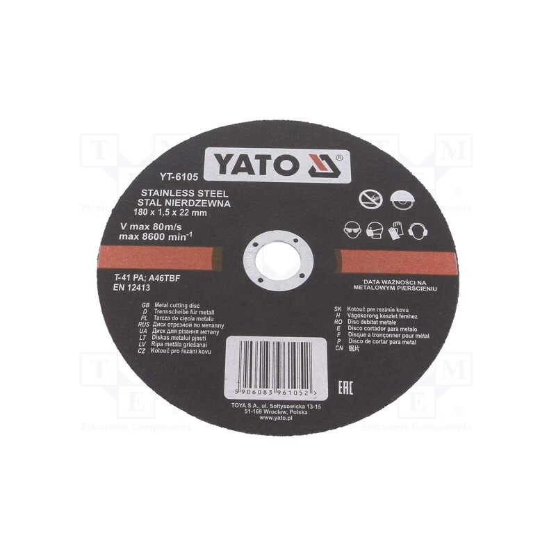 10 pcs : YT-6105 - Cutting wheel, Ø: 180mm, Øhole: 22mm, Disc thick: 1.5mm, 8600rpm