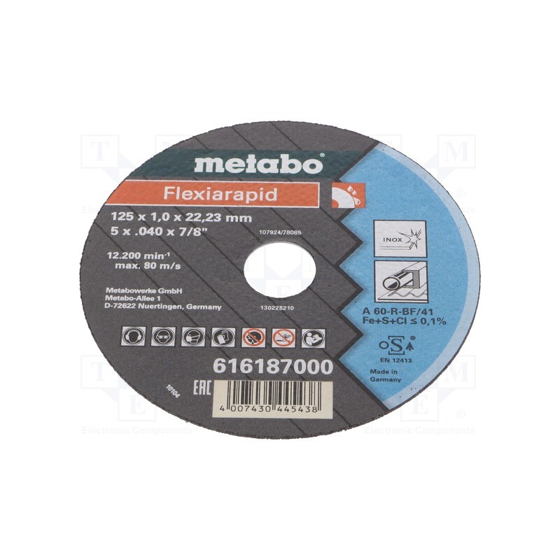 10 pcs : 616187000 - Cutting wheel, Ø: 125mm, Øhole: 22.23mm, Disc thick: 1mm