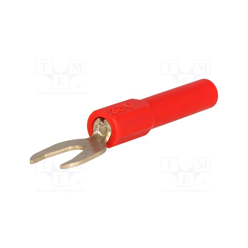 10 pcs : - Adapter, banana 4mm socket,fork terminal, 60VDC, 36A, red, 51mm