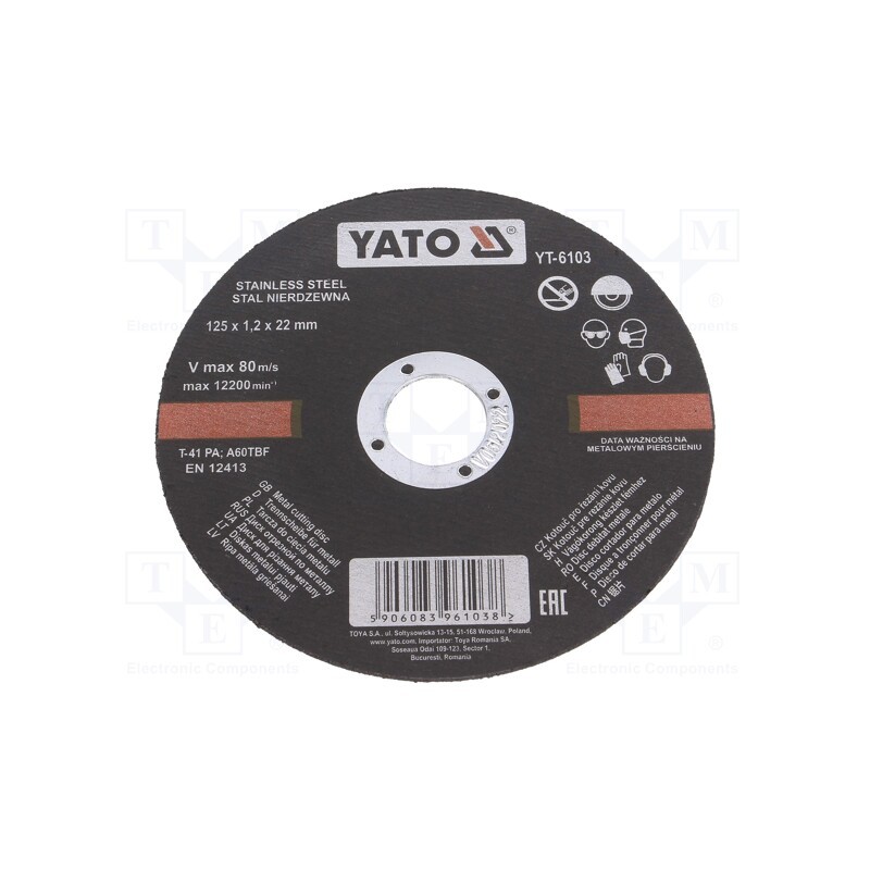 20 pcs : YT-6103 - Cutting wheel, Ø: 125mm, Øhole: 22mm, Disc thick: 1.2mm, 12200rpm